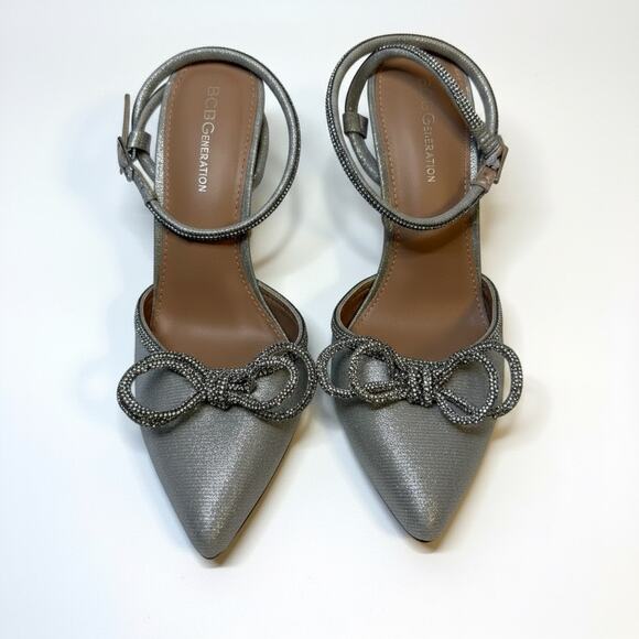 BCBGeneration Shoes - BCBGeneration Silver Rhinestone Bow Ankle Strap Heels 8.5